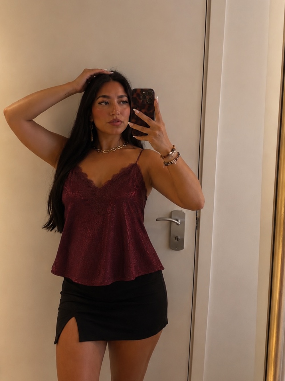 Nine West Burgundy Leopard Jacquard Lace Trim Cami Tank XS Y2K-inspired